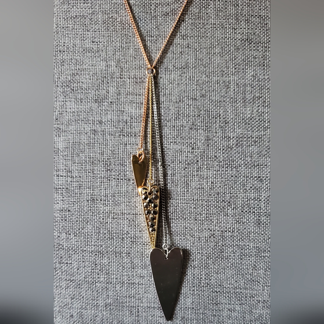 American Eagle Rose Gold Silver And Gold Long Chain And Heart Pendants Necklace